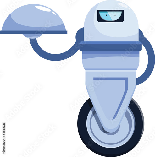 Robot waiter holding a metal cloche platter serving food order in a restaurant