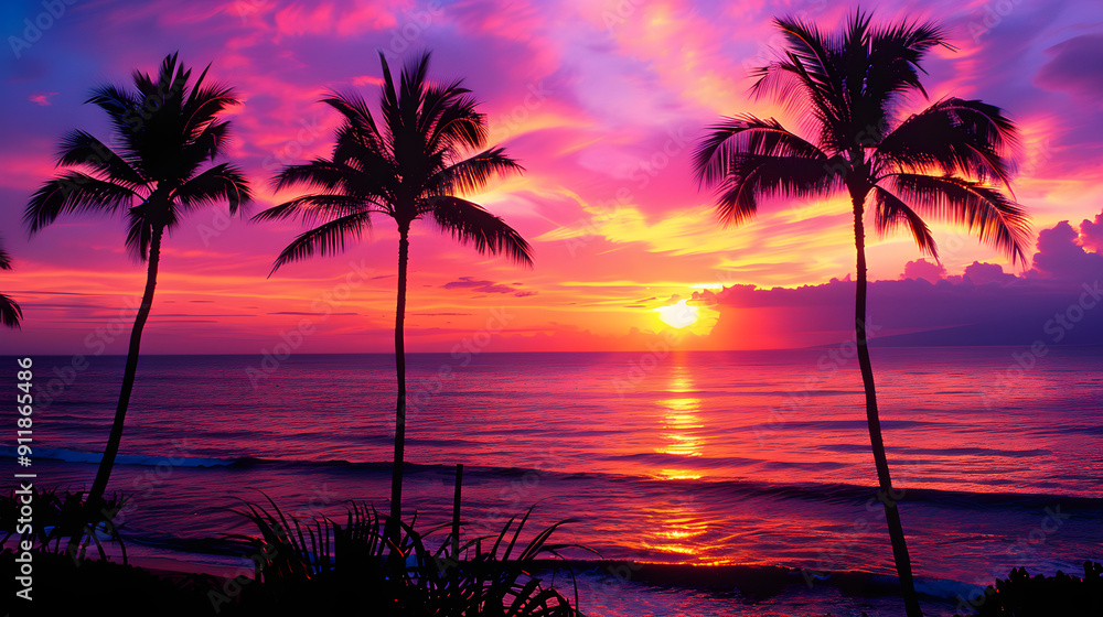 Fiery colors illuminate the sky as the sun sets over the calm ocean waters. Fiery colors illuminate the sky as the sun sets over the calm ocean waters.