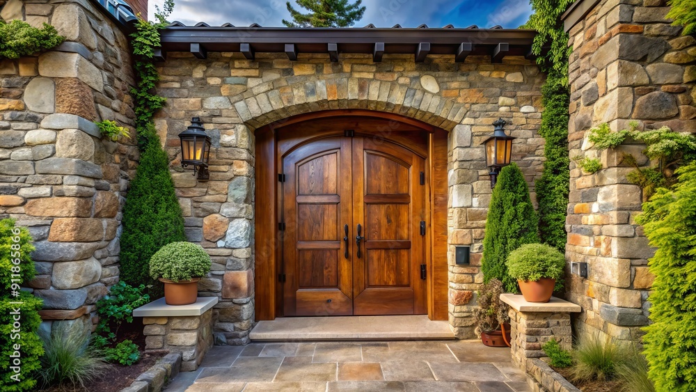 Elegant mountain residence entrance features natural stone walls, grand wooden door with iron hardware, and lush greenery, evoking a sense of rustic luxury and refinement. Elegant mountain residence entrance features natural stone walls, grand wooden door with iron hardware, and lush greenery, evoking a sense of rustic luxury and refinement.