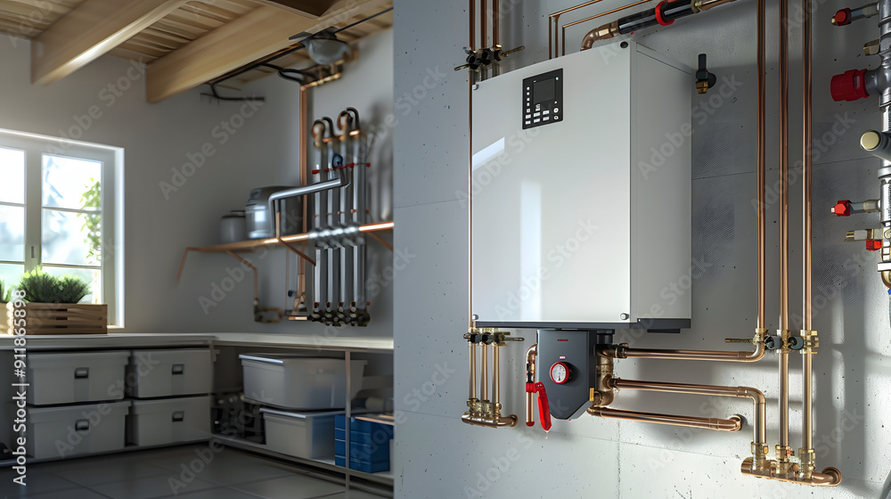 Picture of modern tankless water heater installed in a basement, the unit is ...