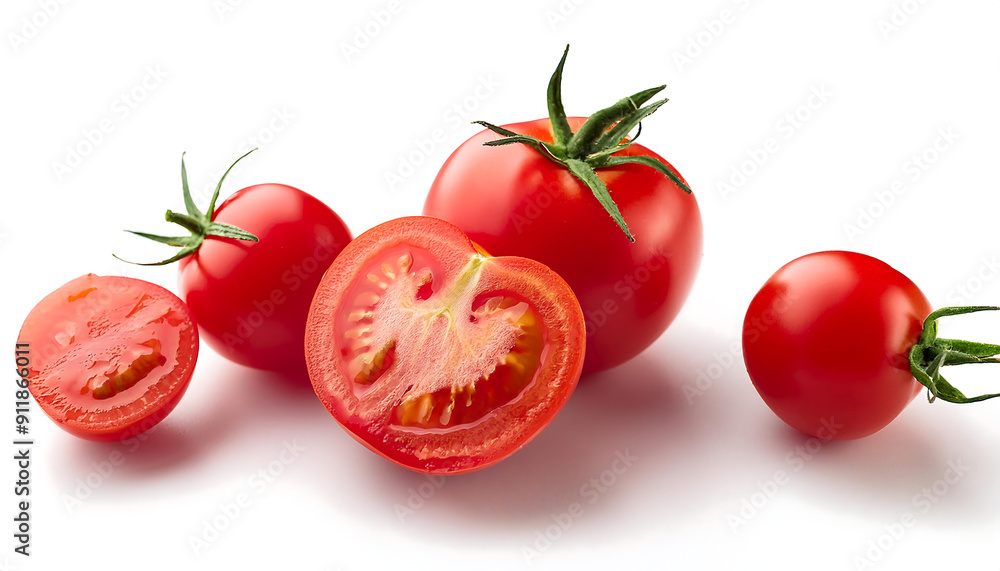 Sliced and Whole Cherry Tomatoes on a White Background Sliced and Whole Cherry Tomatoes on a White Background