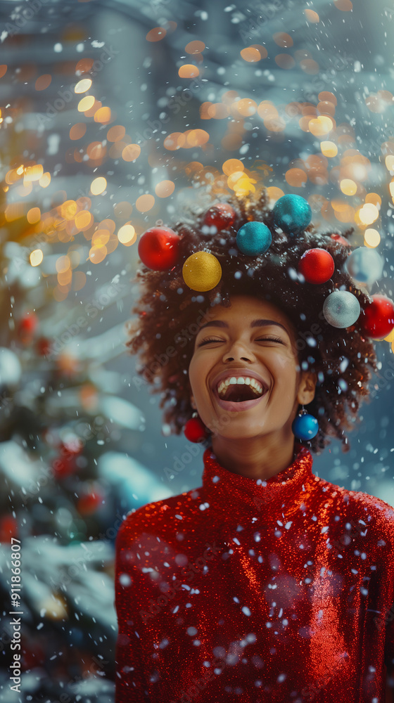 portrait of a smiling black girl with afro hair in a christmas outfit and decoration with colorful ornaments portrait of a smiling black girl with afro hair in a christmas outfit and decoration with colorful ornaments