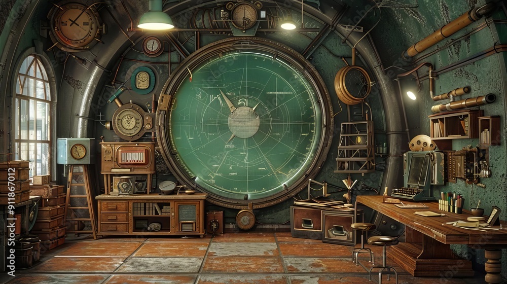 Obraz premium Steampunk education setting with mechanical coaches and vintage teaching tools, Steampunk, Brown, Digital Illustration