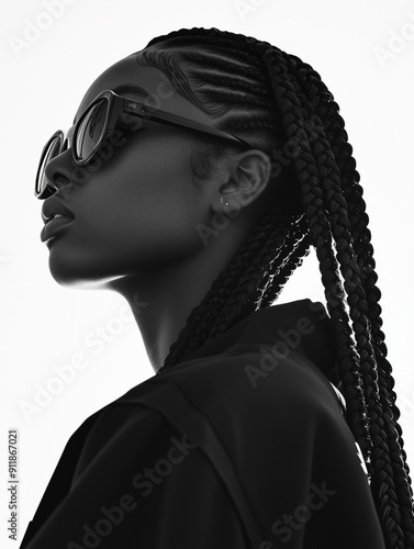portrait of a black woman with braided hair and sunglasses photo in gray scale with white background