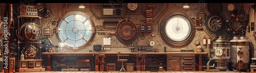 Steampunk-themed coaching with mechanical tutors and vintage gadgets, Steampunk, Sepia, Digital Illustration