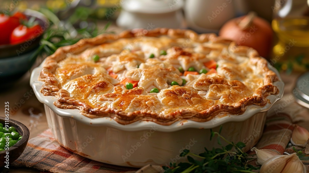 This artistic composition showcases a gourmet twist on Chicken Pot Pie, featuring an intricately decorated flaky crust encasing premium cuts of chicken, garden-fresh vegetables, This artistic composition showcases a gourmet twist on Chicken Pot Pie, featuring an intricately decorated flaky crust encasing premium cuts of chicken, garden-fresh vegetables,