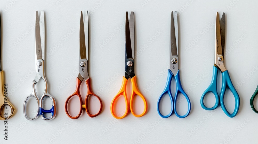 Row of scissors for art and craft on a white background generative ai