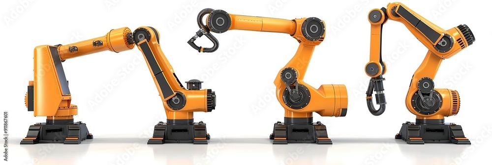 3D Rendering of Three Orange Industrial Robotic Arms 3D Rendering of Three Orange Industrial Robotic Arms