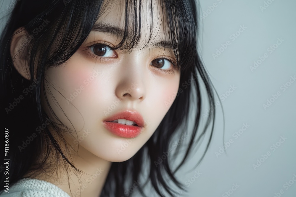 優しい表情の女子が静かな部屋に座り、自然光の中でポートレートを撮影されています。 優しい表情の女子が静かな部屋に座り、自然光の中でポートレートを撮影されています。