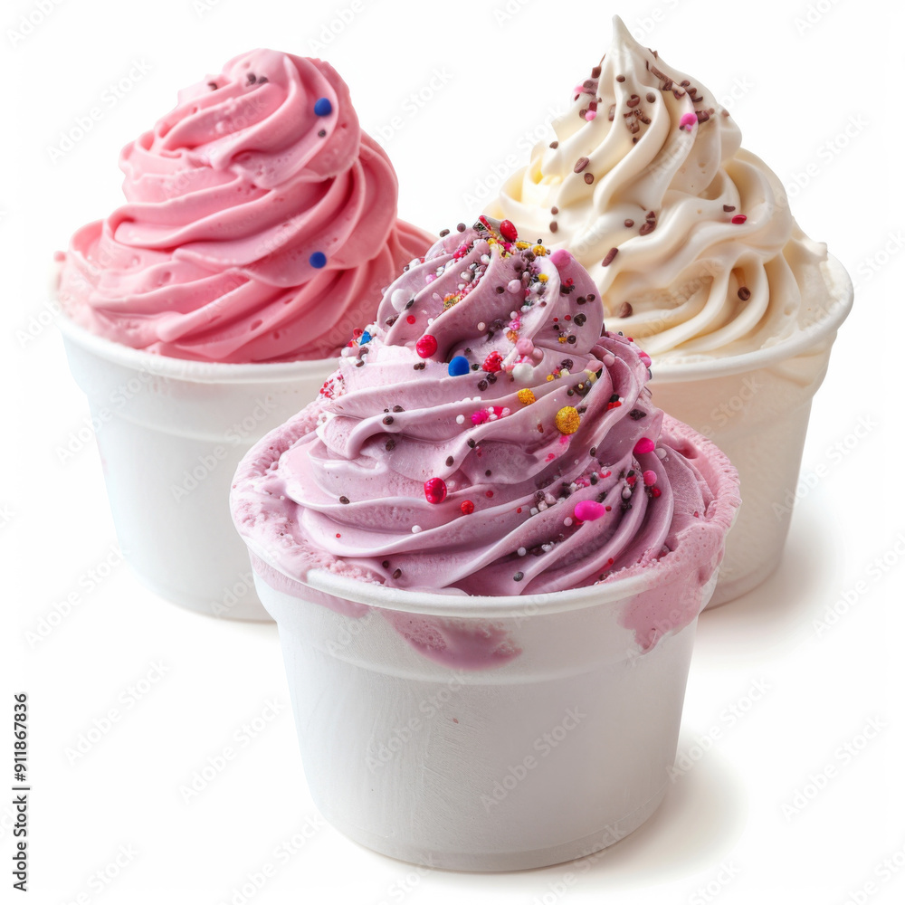Three cups of colorful frozen yogurt with sprinkles, featuring pink and white flavors, displayed in white containers. Three cups of colorful frozen yogurt with sprinkles, featuring pink and white flavors, displayed in white containers.