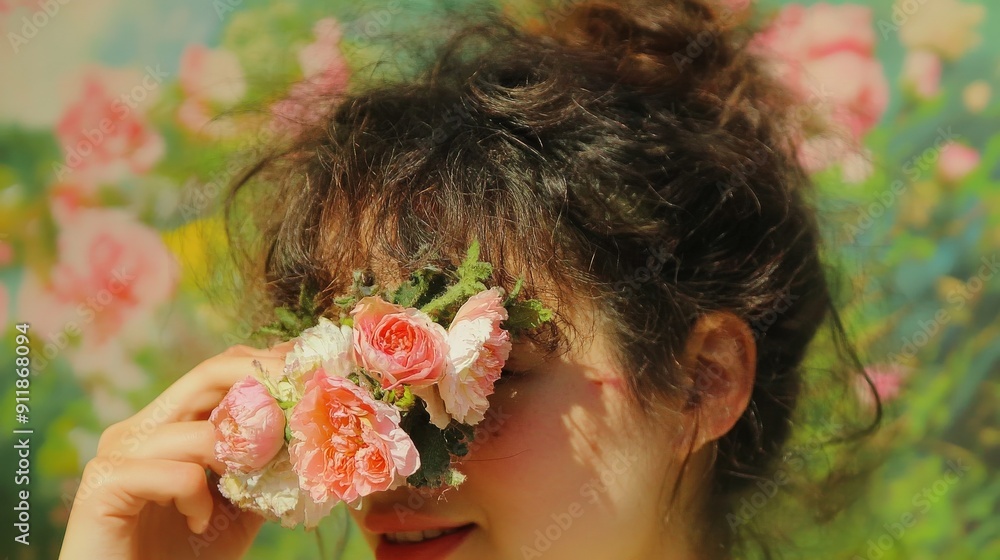 Naklejka premium 女性が色とりどりの花を使って目を覆い、背景の美しい庭に囲まれている。春の暖かい午後の雰囲気を感じさせる瞬間。