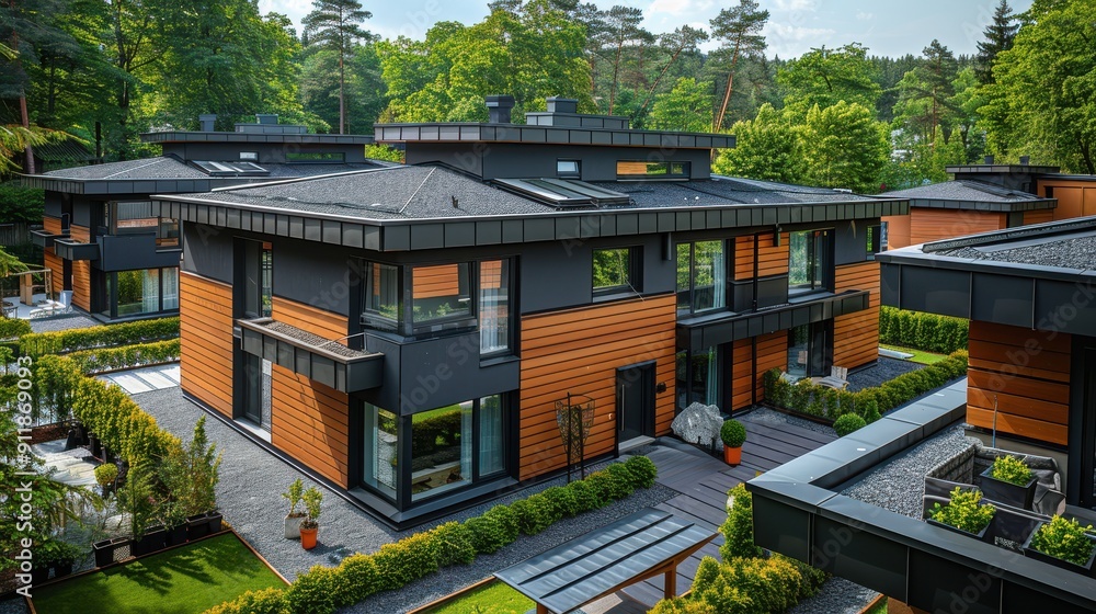 Modern Eco-Friendly Homes Surrounded By Lush Greenery On A Sunny Afternoon Modern Eco-Friendly Homes Surrounded By Lush Greenery On A Sunny Afternoon