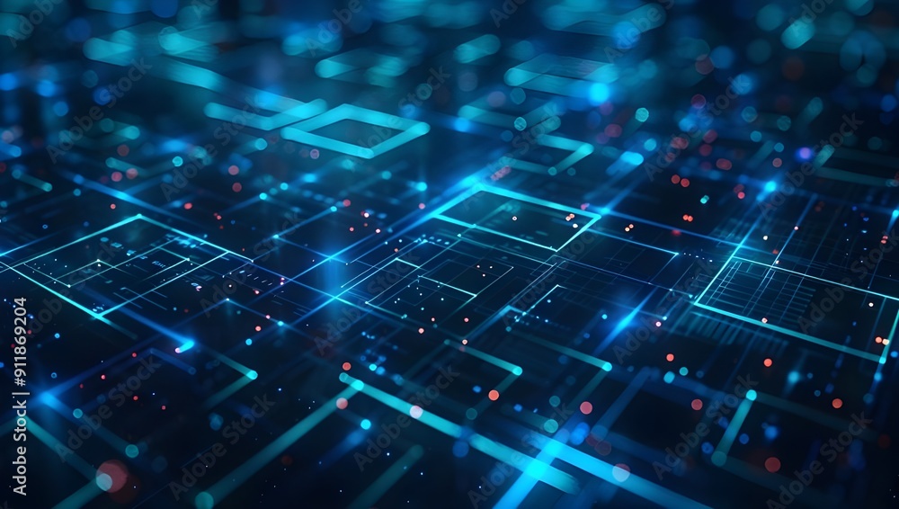 Abstract digital background with glowing blue lines and squares, creating an atmosphere of futuristic technology and data visualization. The dark color scheme adds depth to the composition.