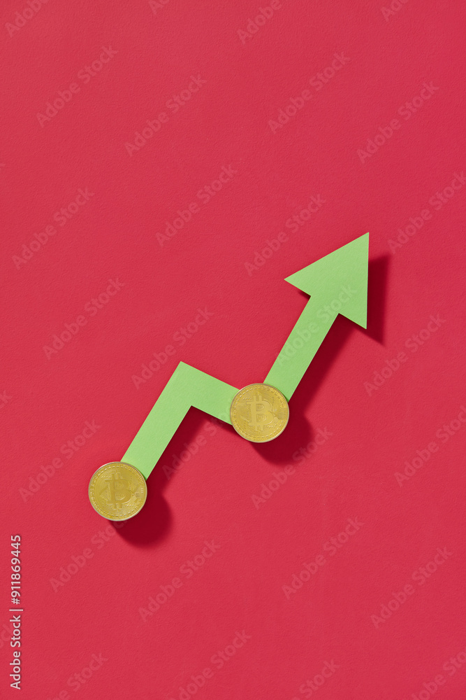 Bitcoin Growth Concept with Upward Arrow on Red Background Bitcoin Growth Concept with Upward Arrow on Red Background