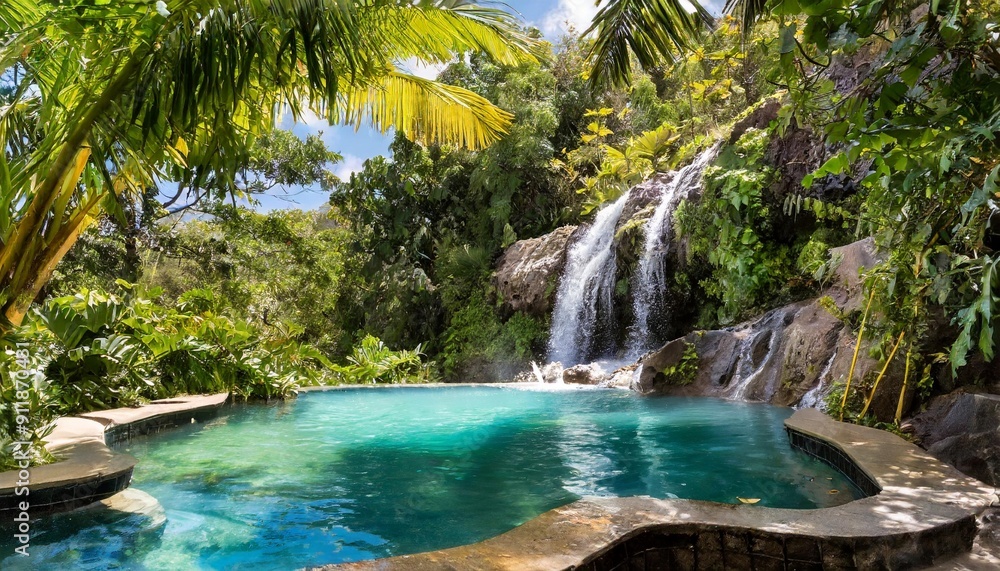 Fototapeta premium Lush Tropical Waterfall Cascading into a Jungle Pool