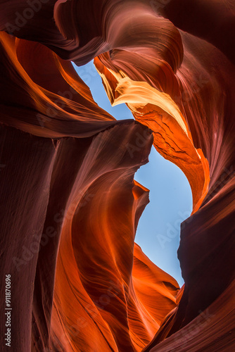 Colorful sandstone formations below the sky in Lower Antelope Canyon