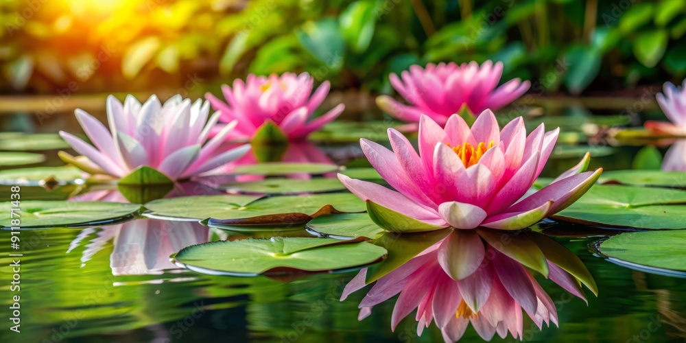 Delicate pink waterlily blooms majestically on serene pond's glassy surface, surrounded by lush greenery, creating a tranquil and idyllic atmosphere for artistic expression. Delicate pink waterlily blooms majestically on serene pond's glassy surface, surrounded by lush greenery, creating a tranquil and idyllic atmosphere for artistic expression.