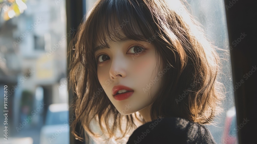 春の午後、窓際で柔らかな光を浴びながら女性が微笑んでいる。 春の午後、窓際で柔らかな光を浴びながら女性が微笑んでいる。