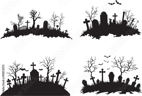 Halloween graveyard vector, collection silhouette of scary graveyard at night vector