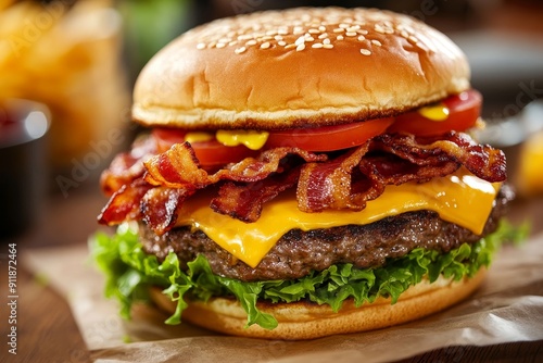 A juicy burger with lettuce, tomato and bacon on top of it. The hamburger is sitting on brown paper napkins placed against the side of an old wooden table. International Bacon Day.
