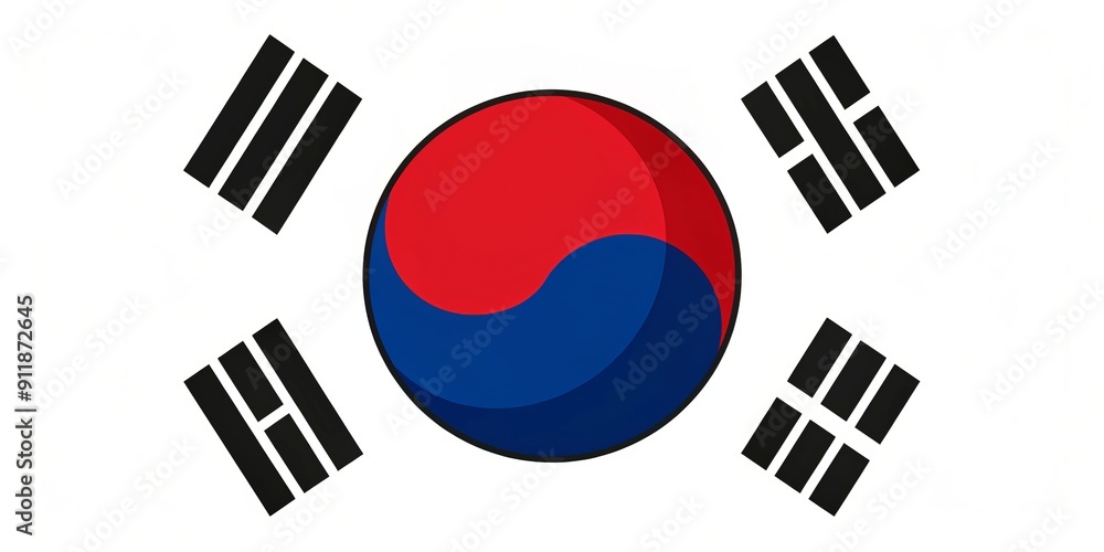 Vibrant Taegeuk symbol centered on a white background, surrounded by four trigrams, represents balance and harmony, national pride of South Korea's rich cultural heritage. Vibrant Taegeuk symbol centered on a white background, surrounded by four trigrams, represents balance and harmony, national pride of South Korea's rich cultural heritage.