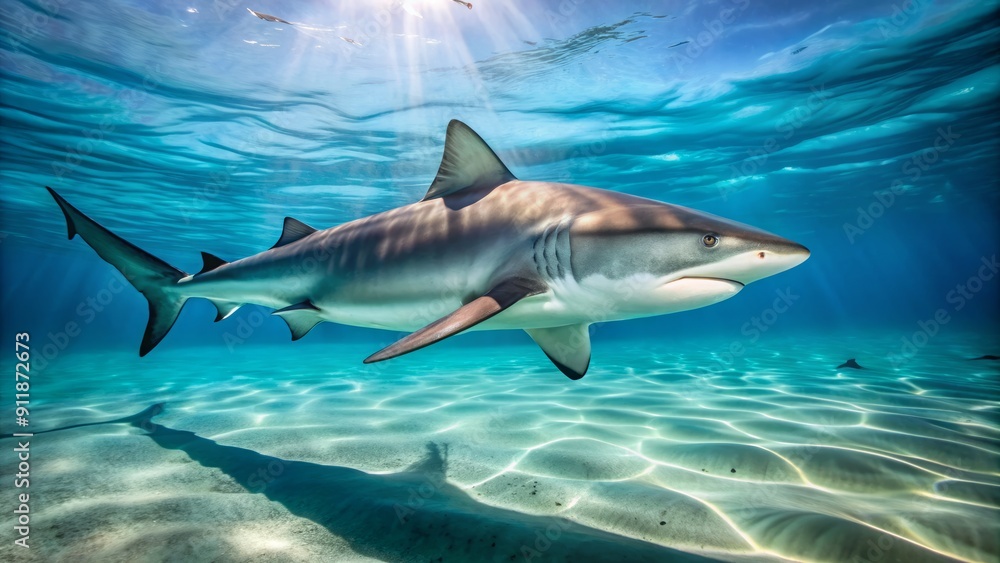 Fototapeta premium Magnificent grey shark effortlessly glides through crystal-clear turquoise waters, its sleek body undulating as it patrols the open ocean with powerful, rhythmic strokes.