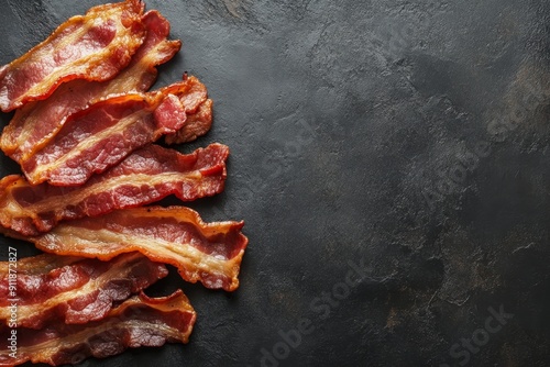 Bacon strips on dark background with copy space, top view. International Bacon Day.