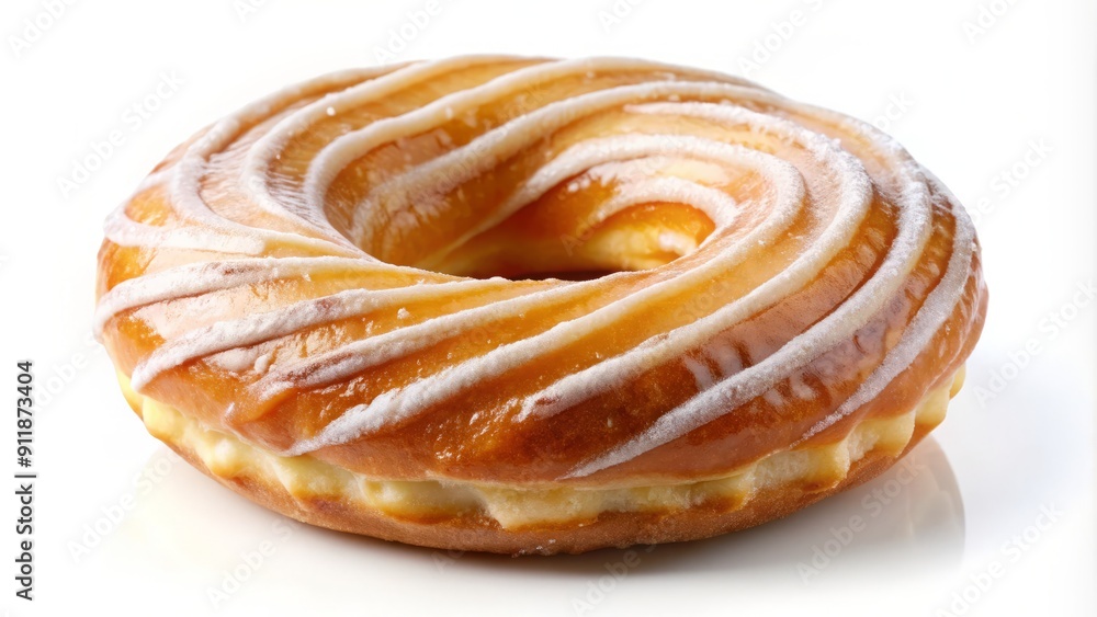 Sweetly glazed twist donut lies on a white background, its sugary swirls and ridges tantalizingly visible from directly above, inviting a tasty treat. Sweetly glazed twist donut lies on a white background, its sugary swirls and ridges tantalizingly visible from directly above, inviting a tasty treat.
