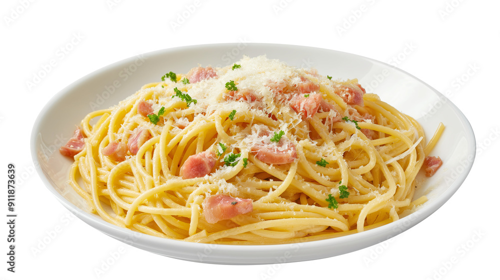 Spaghetti Carbonara with Bacon and Parsley on White Oval Plate Spaghetti Carbonara with Bacon and Parsley on White Oval Plate