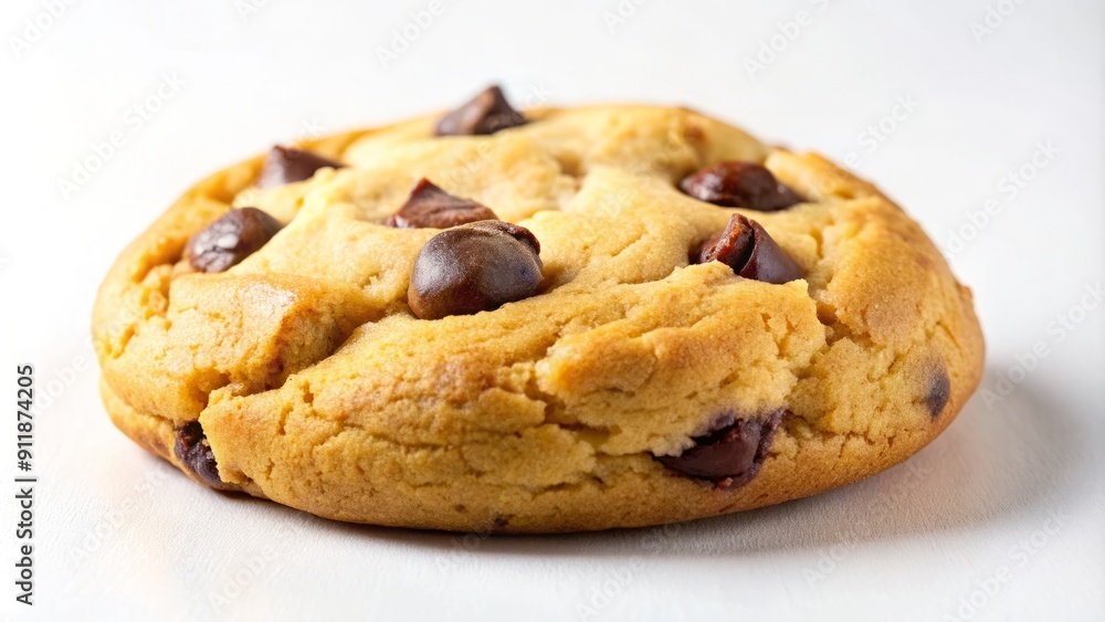 Freshly baked, gooey, and soft-focused, a single, premium-quality chocolate chip cookie sits alone on a pristine white background, evoking sweet and comforting indulgence. Freshly baked, gooey, and soft-focused, a single, premium-quality chocolate chip cookie sits alone on a pristine white background, evoking sweet and comforting indulgence.