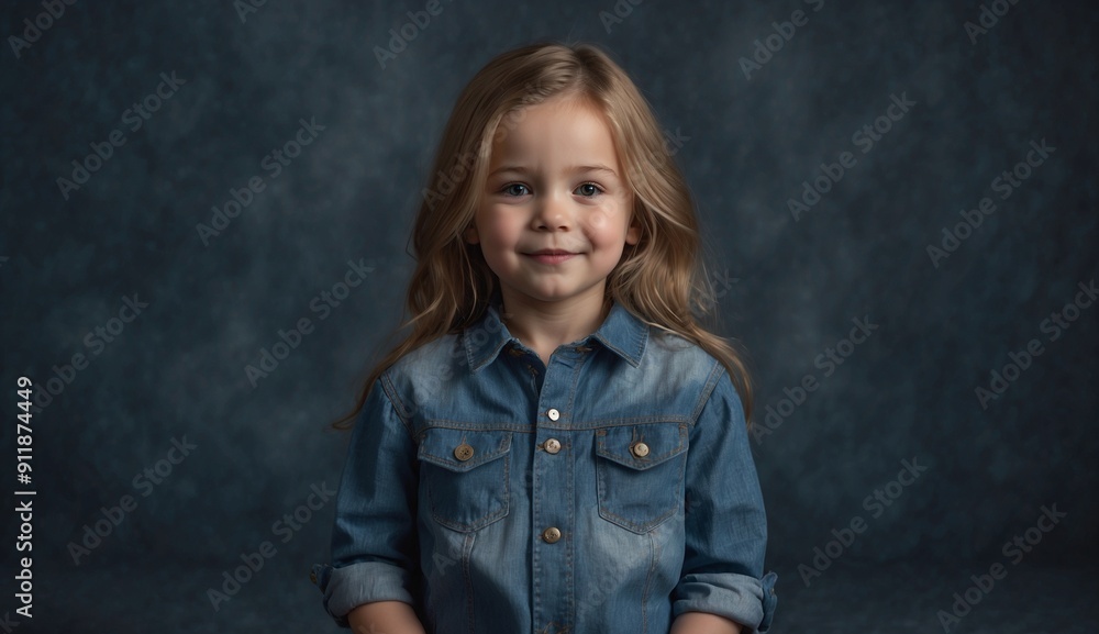 Young girl in a denim shirt smiling with a dark background. Young girl in a denim shirt smiling with a dark background.