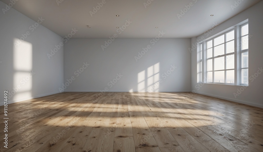 Spacious empty room with wooden floor and large windows Spacious empty room with wooden floor and large windows