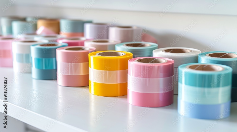 Row of tape dispensers for art and craft on a white background generative ai Row of tape dispensers for art and craft on a white background generative ai