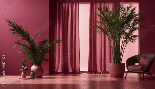 Minimalistic pink room with plants and large curtains shown photo