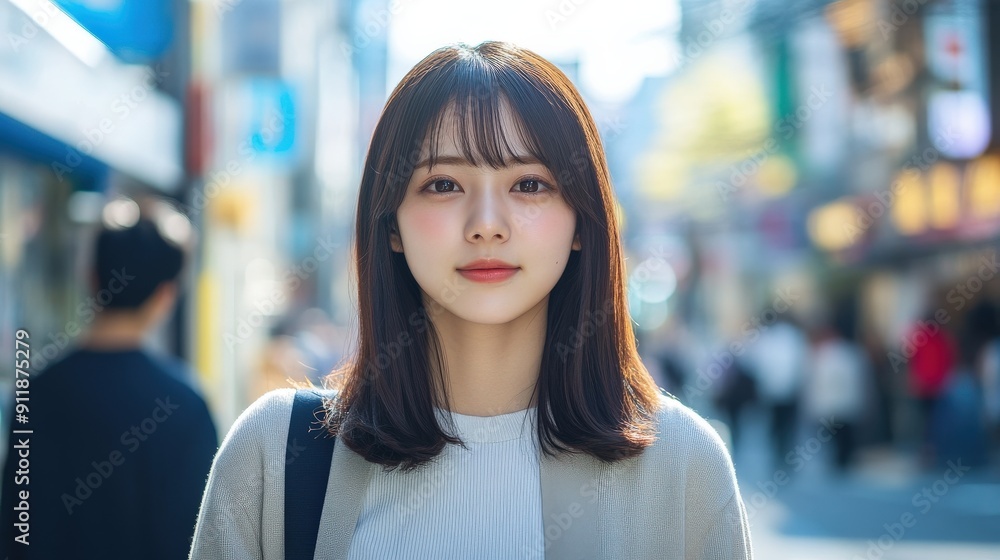 明るい春の日、街中で微笑む女性が人々の間を歩いている。 明るい春の日、街中で微笑む女性が人々の間を歩いている。