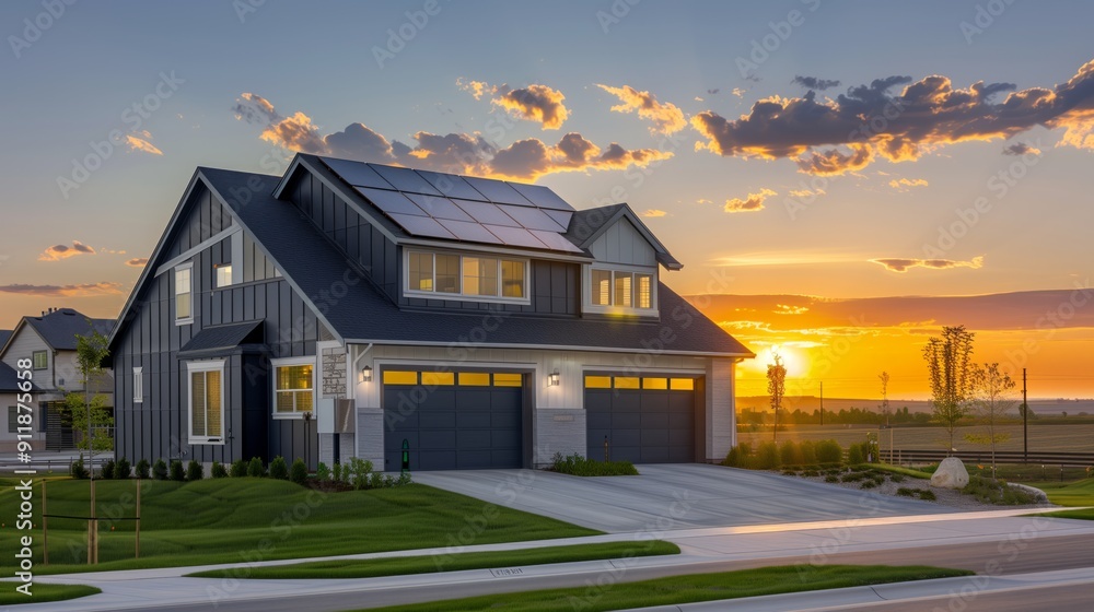 Eco-Friendly House with Solar Panels: Two-story American model house with solar panels neatly installed on its roof. Eco-Friendly House with Solar Panels: Two-story American model house with solar panels neatly installed on its roof.