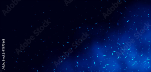 Blue flame with sparks, fire with flying cinder, abstract glowing embers, heat sparkles, bokeh fire texture. Vector illustration.
