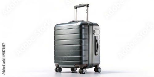 A sleek, compact suitcase with wheels and a sturdy handle stands upright on a white background, exemplifying portability and effortless travel convenience anywhere. photo