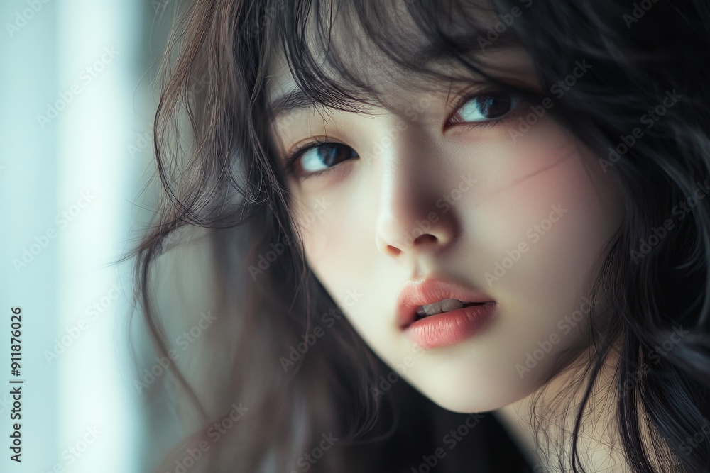 Fototapeta premium 窓のそばで女性がリラックスしながら柔らかな表情を浮かべている様子が捉えられています。