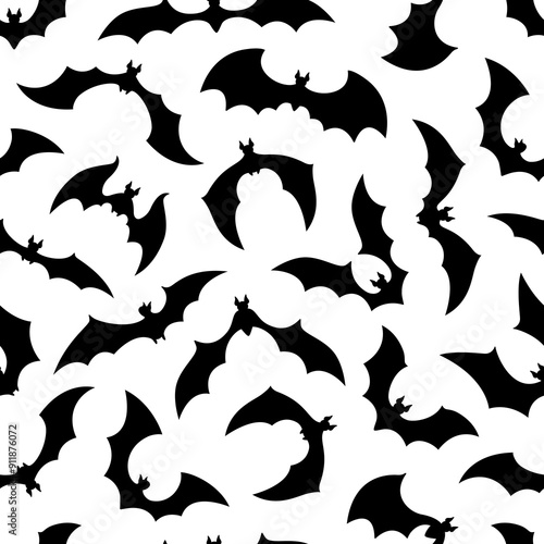 Halloween bats silhouettes, cloud of bats seamless pattern of vector Halloween horror holiday. Black shadows of spooky night monster animals on white background, trick or treat party decoration