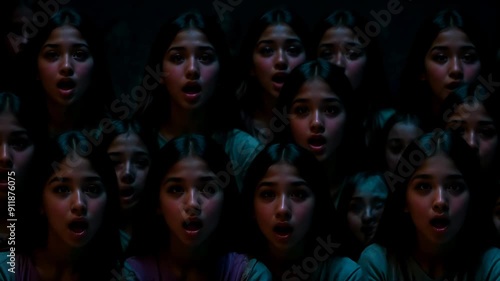 A young woman with a confused expression, a clone body that shrinks and multiplies, changes shape and location. Seamless loop. Experimental - Generative AI