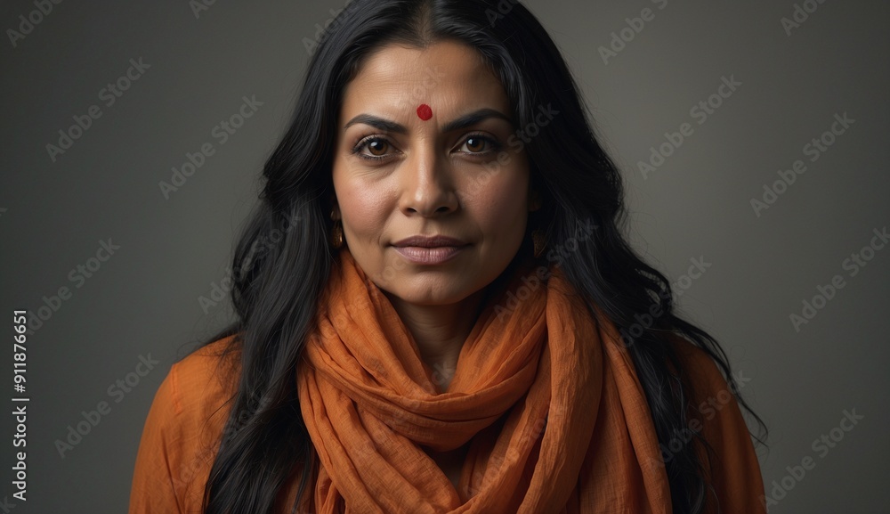 Woman in orange attire with bindi, looking serene. Woman in orange attire with bindi, looking serene.