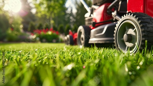 Red lawnmower leaving the backyard grass leveled and cut.