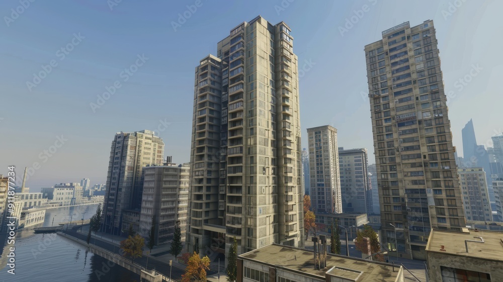 Urban High-Rise Buildings Along a Tranquil Riverbank Under Clear Blue Sky Urban High-Rise Buildings Along a Tranquil Riverbank Under Clear Blue Sky