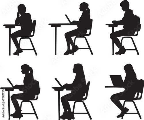 Silhouette of students are sitting on desks in classroom, classroom environment focus on work, vector icon