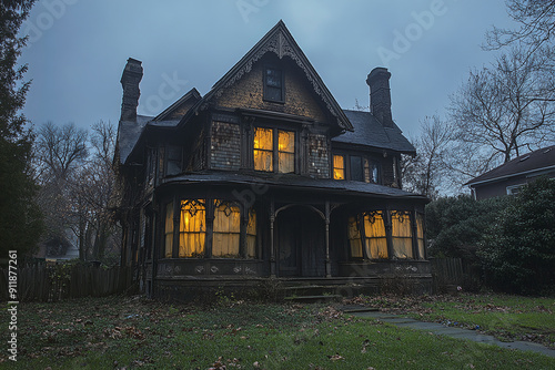 A haunted house with boarded-up windows and eerie lighting. photo