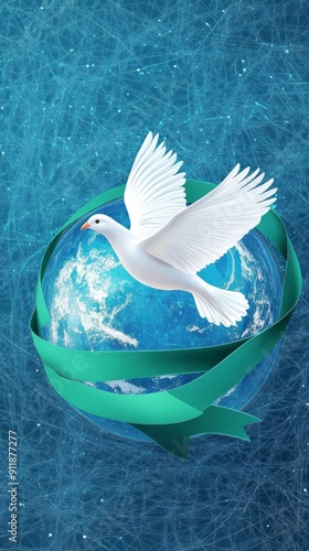 International day of peace - The white peace dove flying with green ribbon roll around on blue line globle texture background vector Design photo