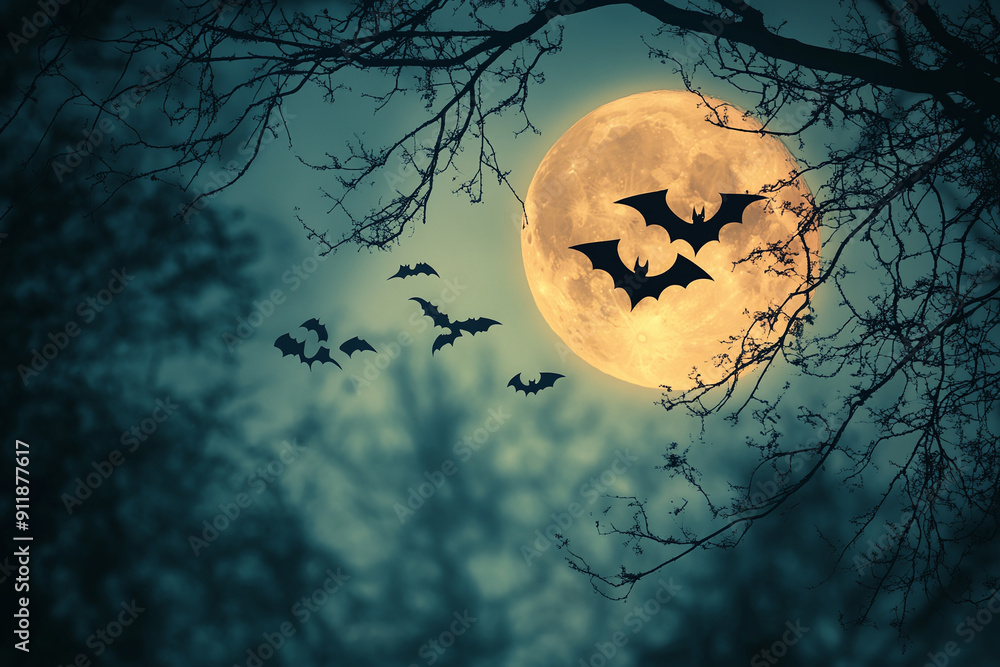 A spooky Halloween scene with a full moon and flying bats. A spooky Halloween scene with a full moon and flying bats.