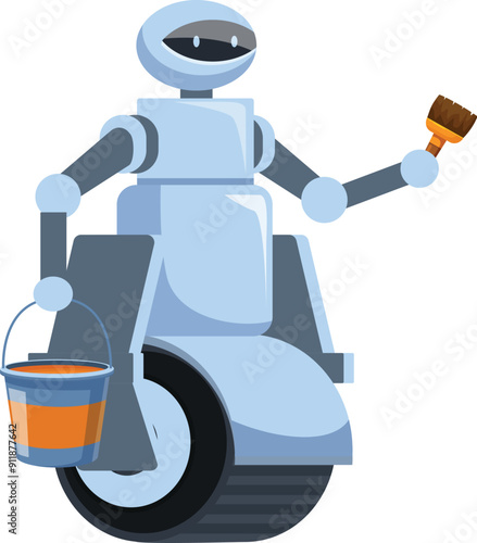 Futuristic robot is holding a paint bucket and brush, ready to assist with home improvement tasks