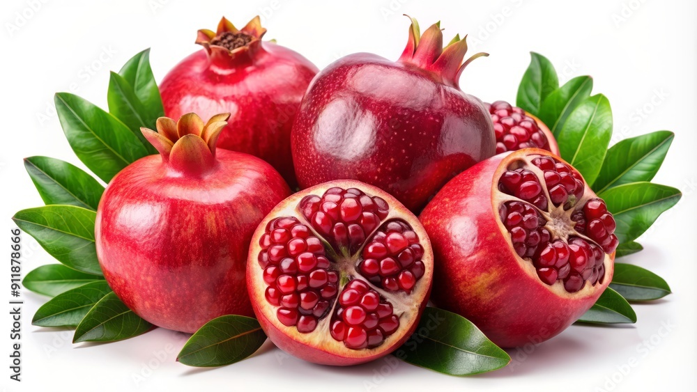 Juicy, ripe pomegranate fruits with vibrant arils and luscious green leaves are artfully arranged on a transparent background, showcasing their natural beauty and vibrant colors. Juicy, ripe pomegranate fruits with vibrant arils and luscious green leaves are artfully arranged on a transparent background, showcasing their natural beauty and vibrant colors.